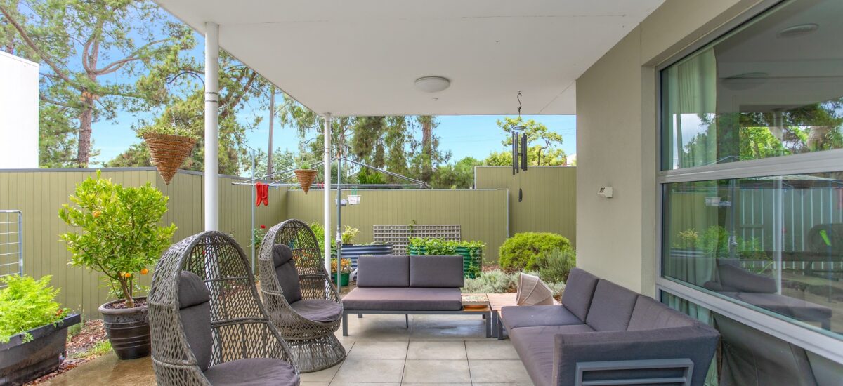 Contemporary outdoor seating area with cushioned couches and greenery